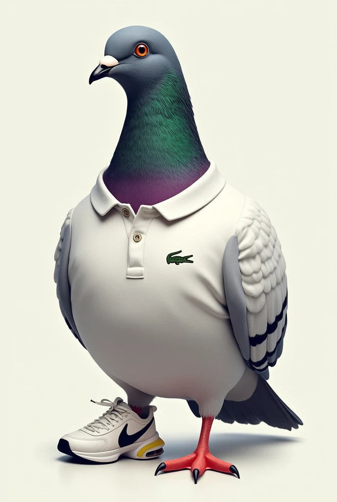 Fait moi un pigeon portant un tee shirt lacoste et une paire de chaussures nike tn 
