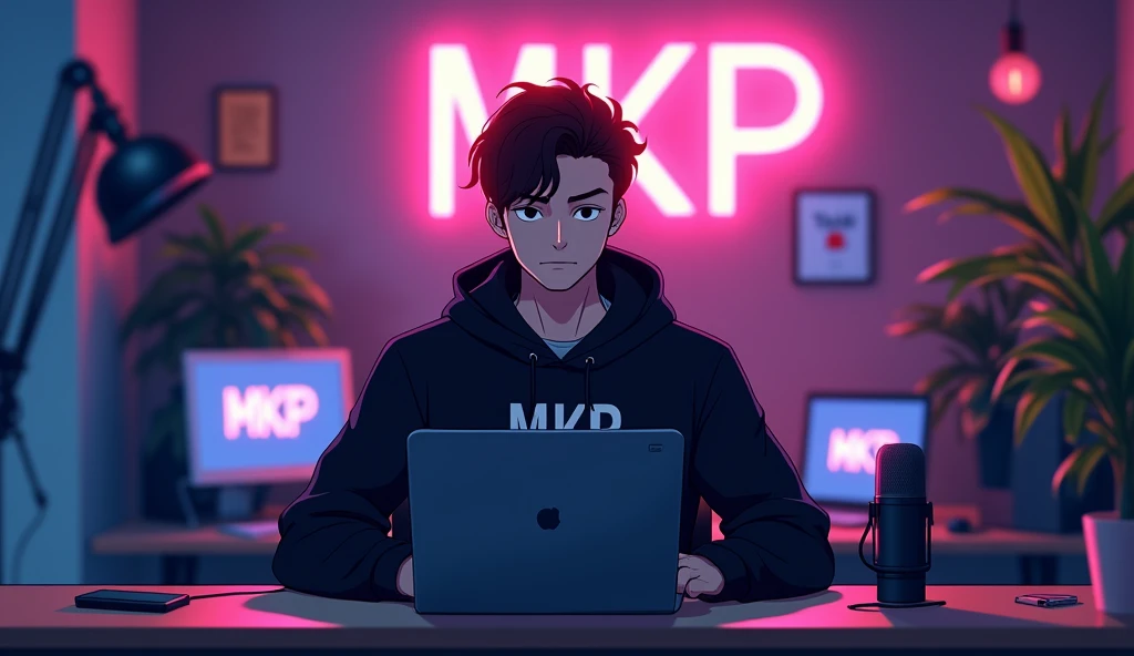 Create an anime-friendly looking
male business character who appears
handsome and smart. He has a good face and cute face
and is wearing a black hoodie with a channel name "MKP" on it.
hoodie. The character is sitting behind his
laptop in his office, with his arms on the desk.
It is night, and the room features volumetric
neon lighting. The character is front-facing to
the camera, looking straight and centered. This
is a central portrait with an audio microphone
on the desk near his mouth. The character's
face should occupy about 1/3 of the image size.
He is sitting straight, front view, and centered,
looking straight ahead. The overall ambiance
of the image should convey a connection to
minimalism, with flat illustration, bold lines,
simplification, and a gouache illustration style.
The image should be in 8K resolution.
The background features the wall surrounded
by various recording equipments . Ensure the studio has
a,odern youtube aesthetic with professional
lighting to make the avatar stand out. Add
a neon light design font spelling out "MKP" on the wall. The overall scene
should dynamics and visually appealing
perfect for ai talking
