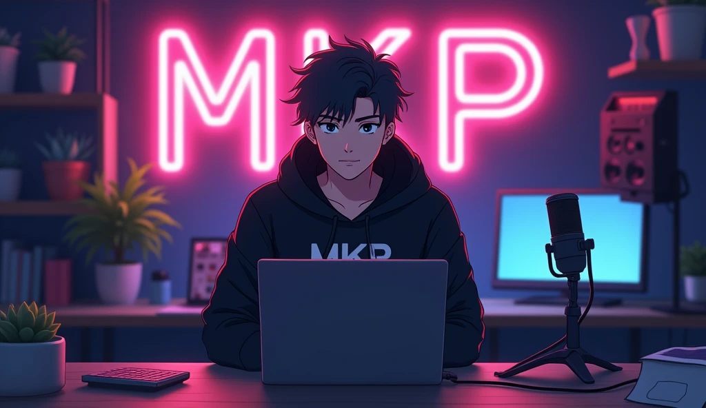 Create an anime-friendly looking
male business character who appears
handsome and smart. He has a good face and cute face
and is wearing a black hoodie with a channel name "MKP" on it.
hoodie. The character is sitting behind his
laptop in his office, with his arms on the desk.
It is night, and the room features volumetric
neon lighting. The character is front-facing to
the camera, looking straight and centered. This
is a central portrait with an audio microphone
on the desk near his mouth. The character's
face should occupy about 1/3 of the image size.
He is sitting straight, front view, and centered,
looking straight ahead. The overall ambiance
of the image should convey a connection to
minimalism, with flat illustration, bold lines,
simplification, and a gouache illustration style.
The image should be in 8K resolution.
The background features the wall surrounded
by various recording equipments . Ensure the studio has
a,odern youtube aesthetic with professional
lighting to make the avatar stand out. Add
a neon light design font spelling out "MKP" on the wall. The overall scene
should dynamics and visually appealing
perfect for ai talking