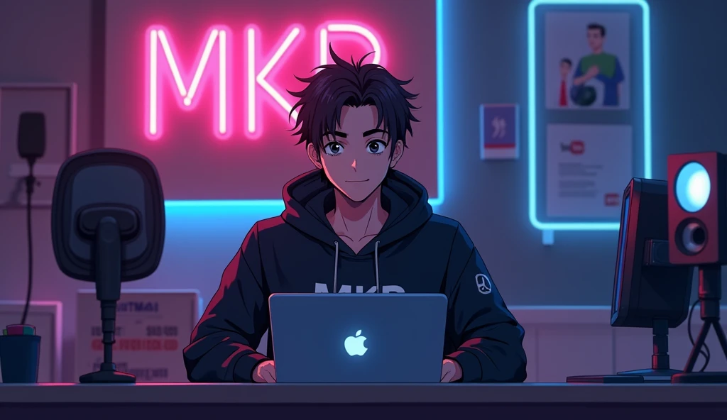 Create an anime-friendly looking
male business character who appears
handsome and smart. He has a good face and cute face
and is wearing a black hoodie with a channel name "MKP" on it.
hoodie. The character is sitting behind his
laptop in his office, with his arms on the desk.
It is night, and the room features volumetric
neon lighting. The character is front-facing to
the camera, looking straight and centered. This
is a central portrait with an audio microphone
on the desk near his mouth. The character's
face should occupy about 1/3 of the image size.
He is sitting straight, front view, and centered,
looking straight ahead. The overall ambiance
of the image should convey a connection to
minimalism, with flat illustration, bold lines,
simplification, and a gouache illustration style.
The image should be in 8K resolution.
The background features the wall surrounded
by various recording equipments . Ensure the studio has
a,odern youtube aesthetic with professional
lighting to make the avatar stand out. Add
a neon light design font spelling out "MKP" on the wall. The overall scene
should dynamics and visually appealing
perfect for ai talking