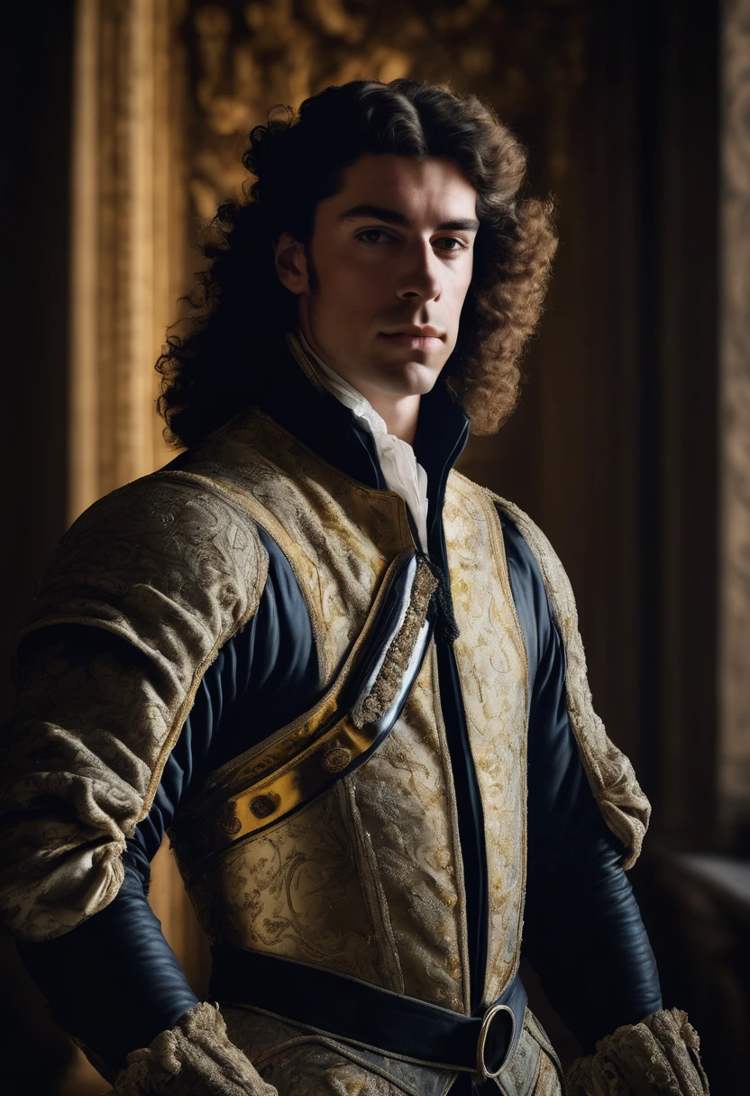 Portrait of a Spanish prince from the Baroque period, dressed in character. He wears his hair well trimmed and shaved,He looks directly into the camera. The lighting makes the photograph look like an impressive Baroque painting, Caravaggio style. Professional photography. Perfect face. Very high quality.