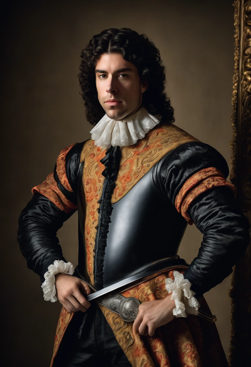 Portrait of a Spanish prince from the Baroque period, dressed in character. He wears his hair well trimmed and shaved,He looks directly into the camera. The lighting makes the photograph look like an impressive Baroque painting, Caravaggio style. Professional photography. Perfect face. Very high quality.