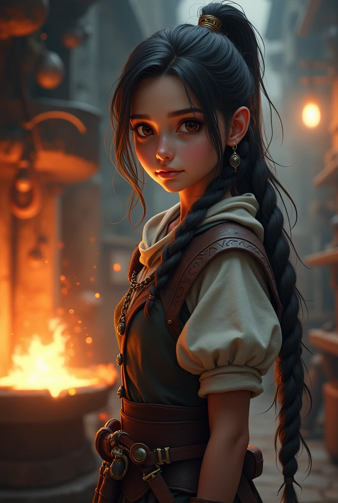 15 year old daughter of a blacksmith who practices magic preparing to go on a serious but nice video game RPG style adventure