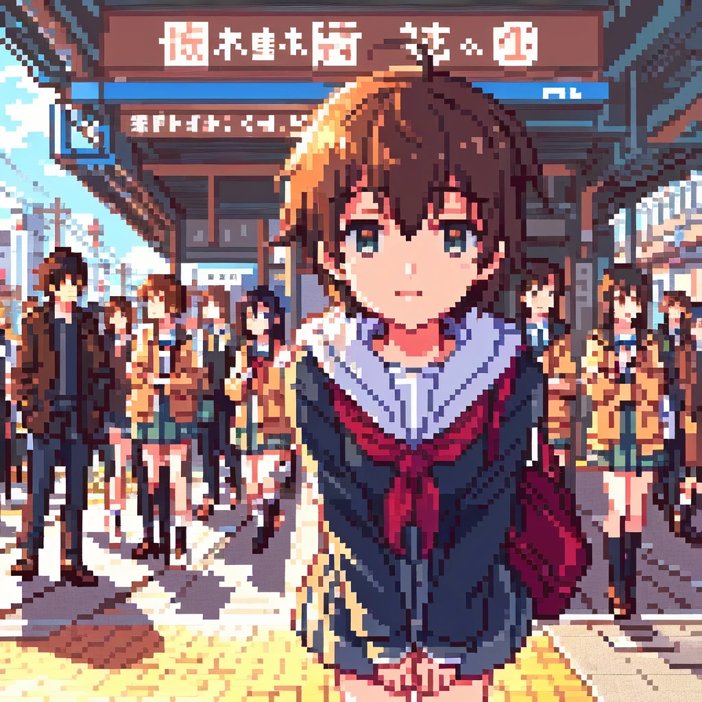 In front of the station、An anime character standing with his hands on his hips, everyone, Kantai Collection Style, Visual Novel CG, in style of Kyoto Animation, Makoto Shinkai style, Another Iwakura, Makoto Shinkai!, konpeki no kantai, 80s anime style, Kyoto Animation, Tokyo Anime Scene, Makoto Shinkai!!, Kantai Collection Arcade