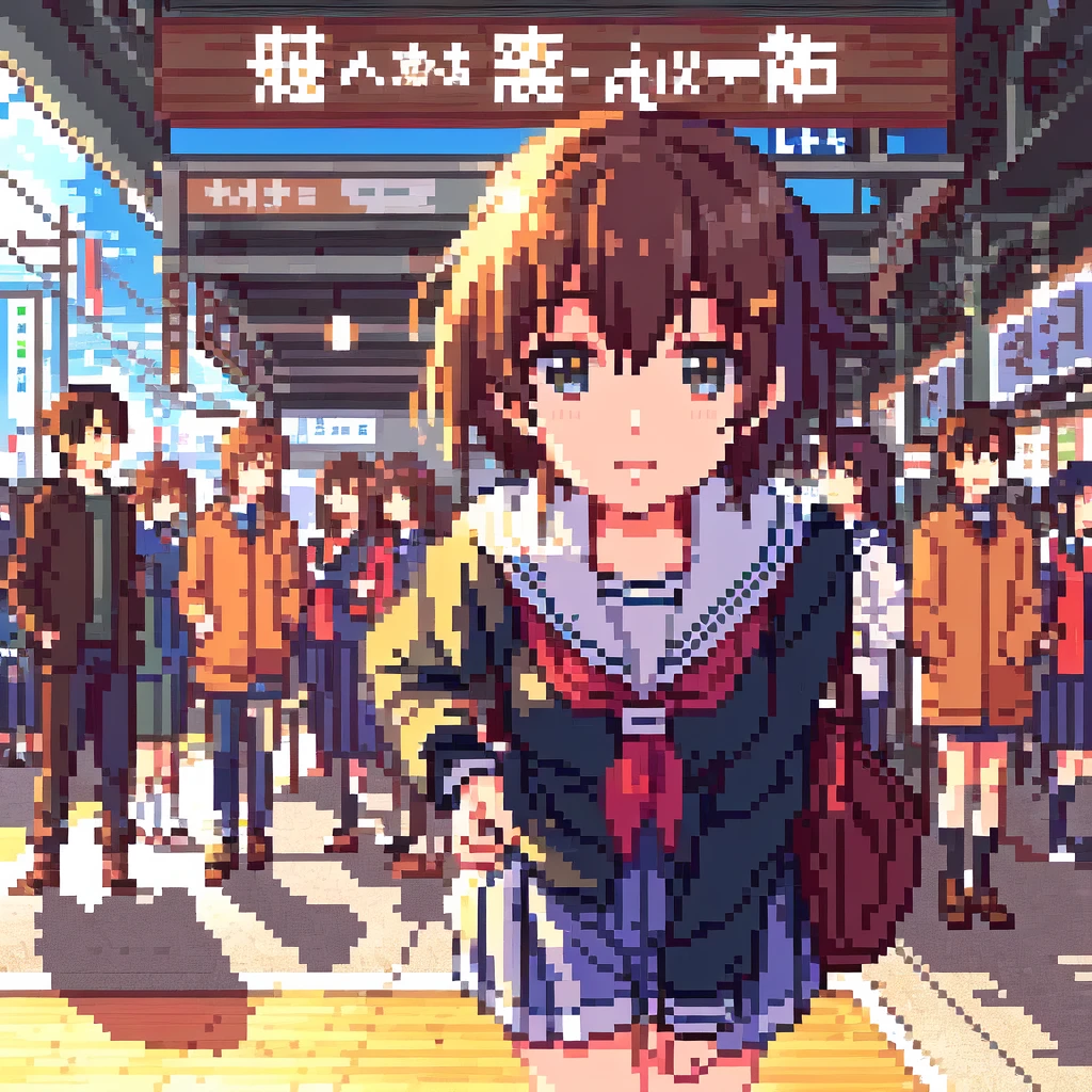 In front of the station、An anime character standing with his hands on his hips, everyone, Kantai Collection Style, Visual Novel CG, in style of Kyoto Animation, Makoto Shinkai style, Another Iwakura, Makoto Shinkai!, konpeki no kantai, 80s anime style, Kyoto Animation, Tokyo Anime Scene, Makoto Shinkai!!, Kantai Collection Arcade