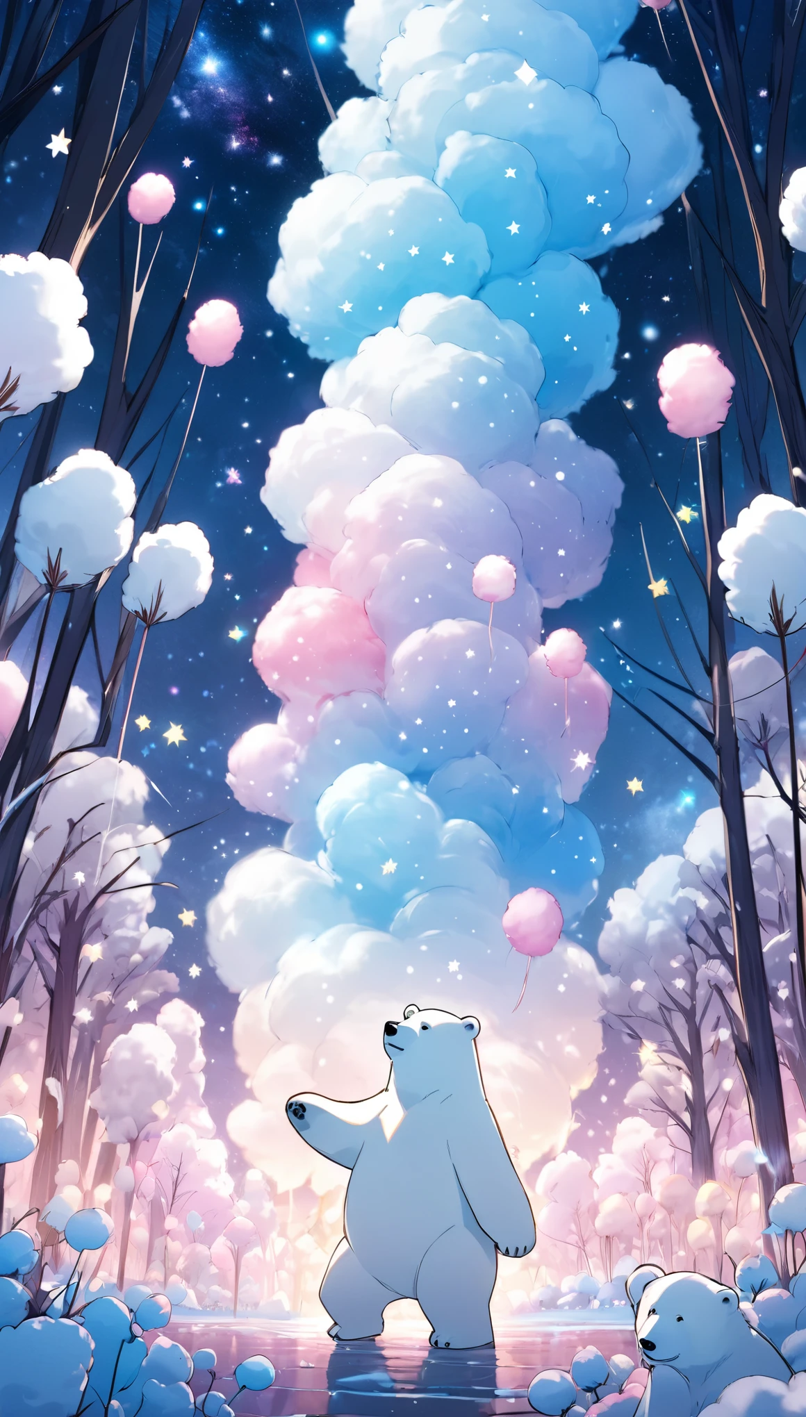 night with many stars surrounded by cotton candy, cotton candy forest,
a polar bear dancing alone, anime style