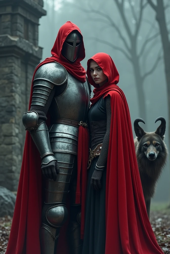 1boy,1girl,animal_hood,armor,black_souls,blonde_hair,cape,commentary,covering_face,grey_background,grimm_(black_souls),height_difference,highres,hood,hooded_cape,knight,looking_at_viewer,one_eye_covered,red_cape,red_hood,red_hood_(black_souls),tataeyo_gekisakuka, best quality, masterpiece, nai3