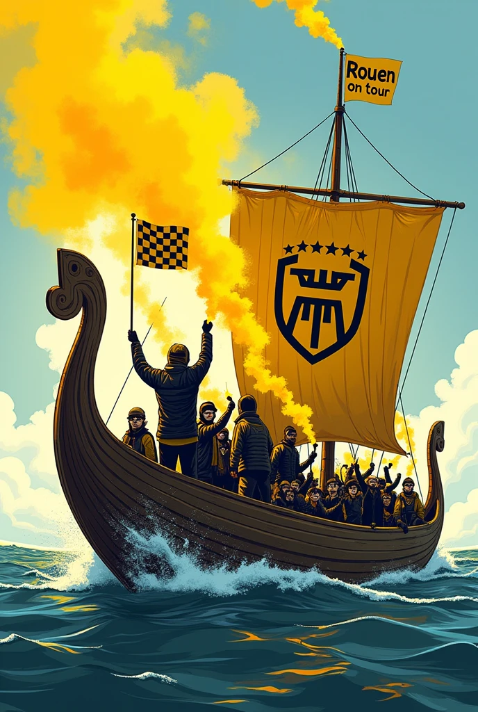 Image illustrations cartoons drakkars de viking en bois jaune et noir de supporters de style Ultras hooligans habiller avec une veste noir et jaune. Les supporters sont dans les drakkars avec des fumigènes jaune et noir dans la mains et des drapeaux jaune et noir à damiers dans la mains. Il est inscrit sur la voile du drakkars «ROUEN ON TOUR » 