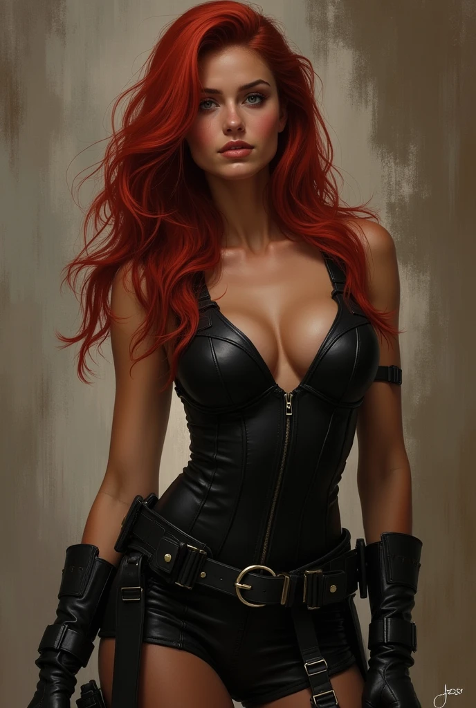 A girl of medium height, with red curly hair, dark brown and big eyes, round face, fine lips, pronounced and thick eyebrows, White skin, mesomorph body type. That she is dressed in a leather suit with silver sparkles, with 2 swords on both sides