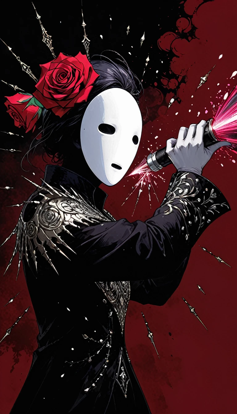 in style of Harry Clarke,character concept design,half body, (ROSE HEAD:1.5) (no face:2.0) paladin,angry,crazy smile,fighting pose,Magic Effects,Metallic details,Red tone,Unknown background,perfect hands,Core Art,The art of spray painting,Splash Art