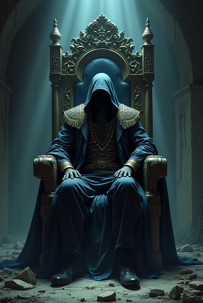 mysterious handsome man sitting on a broken throne,immiting a aura,dark lighting,face cant be seen,clothing is like a royal person,anime