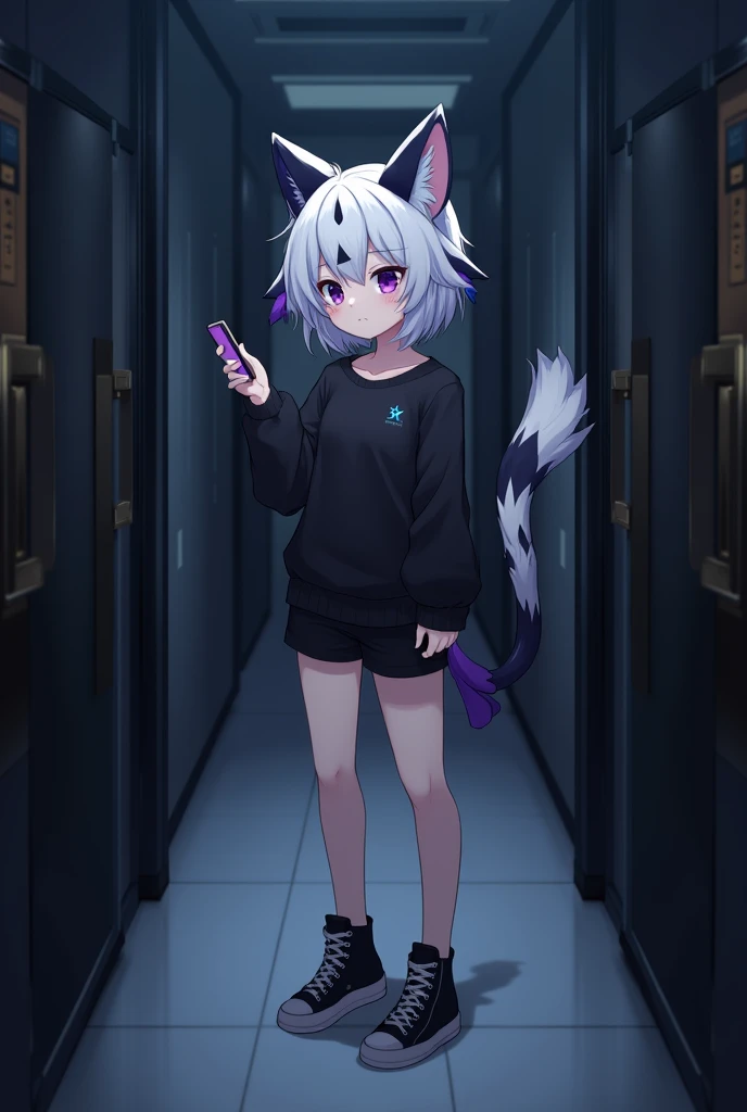 (Solo:1.3), Female cute feline, black and white fur, blue and purple triangle shaped fur markings, white shaggy hair, small cute black horns, cute face, cute body, standing in a dimly lit computer Internet cafe hallway, jitome, holding an iPhone, cellphone in one hand, (solo:1.3), highly detailed, black high top shoes, (short small cute tail:1.2), (only one cute tail:1.2), high resolution, bare legs, by hyattlen, by teranen, by fumiko, depressed, black shorts, (by Kilinah, by Coffeesoda, by Hioshiru, by Kilinah)