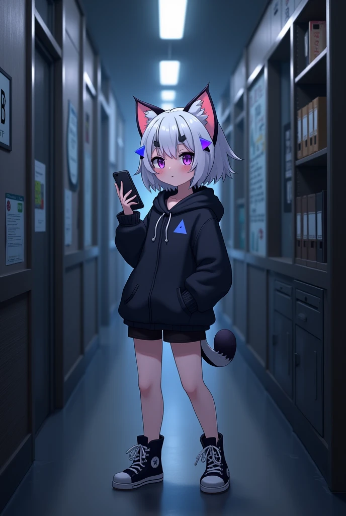 (Solo:1.3), Female cute feline, black and white fur, blue and purple triangle shaped fur markings, white shaggy hair, small cute black horns, cute face, cute body, standing in a dimly lit computer Internet cafe hallway, jitome, holding an iPhone, cellphone in one hand, (solo:1.3), highly detailed, black high top shoes, (short small cute tail:1.2), (only one cute tail:1.2), high resolution, bare legs, by hyattlen, by teranen, by fumiko, depressed, black shorts, (by Kilinah, by Coffeesoda, by Hioshiru, by Kilinah)