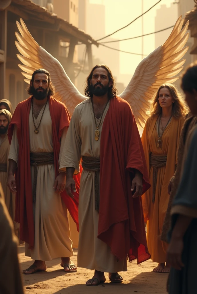 Highlight the moment when the angels literally pull Lot and his family out of their homes. wearing traditional clothing from biblical times. The scene may show the family initially hesitant, with the angels acting quickly to ensure they leave before the destruction begins. The tension and urgency of the moment must be conveyed through the characters' expressions and posture.. Image in biblical time, Surrealism, Social realism, Realism, cinematic lighting, uhd, highres, super detail