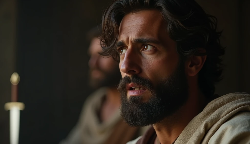 "A male stoic philosopher with a well-proportioned and attractive physique, not excessively muscular. He is wearing classic tunics that drape gently over his body, subtly revealing parts of his shoulder. His short, well-groomed beard and wavy, well-stylized hair frame his face, which shows a sudden and deep expression of shock and sorrow. His eyes are wide with the painful realization that he has been betrayed by a trusted friend, something he never imagined possible. The friend is depicted in the background, slightly blurred, with a hidden dagger. The philosopher’s body language is tense, as if he is frozen in that moment of painful discovery. The scene is captured in a close-up shot, with dramatic lighting casting long shadows that highlight the anguish on his face, while the background fades into darkness. The overall tone is one of deep emotional betrayal, with a touch of grain and a strong vignette adding to the dramatic effect."