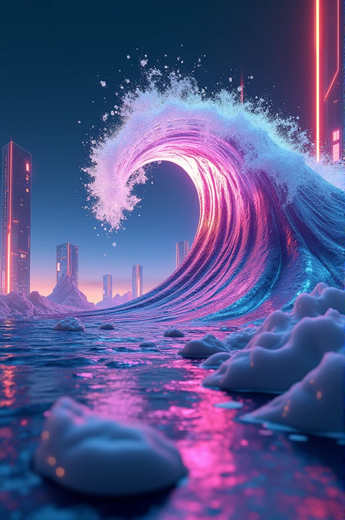 
A bright abstract wave with a glowing texture flows across a futuristic backdrop