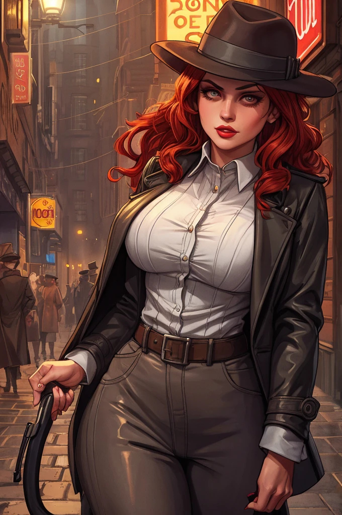 1920s hardboiled female detective, striking red hair styled in soft waves, tailored trench coat and a fedora, sharp no-nonsense attitude, stands confidently in a dimly lit alleyway, surrounded by shadows and mist, cityscape with neon signs, wet cobblestone streets, brick walls, gritty atmosphere, dramatic chiaroscuro lighting, high contrast, textured clothing details, dynamic composition, strong shadows, urban setting, cinematic lighting, low-angle shot