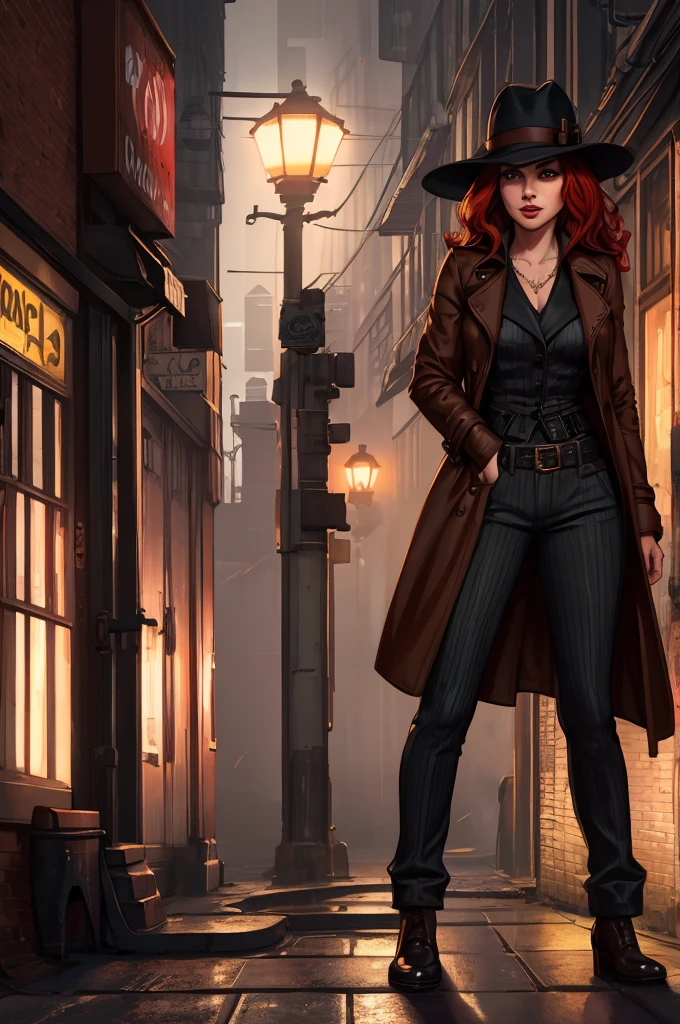 1920s hardboiled female detective, striking red hair styled in soft waves, tailored trench coat and a fedora, sharp no-nonsense attitude, stands confidently in a dimly lit alleyway, surrounded by shadows and mist, cityscape with neon signs, wet cobblestone streets, brick walls, gritty atmosphere, dramatic chiaroscuro lighting, high contrast, textured clothing details, dynamic composition, strong shadows, urban setting, cinematic lighting, low-angle shot