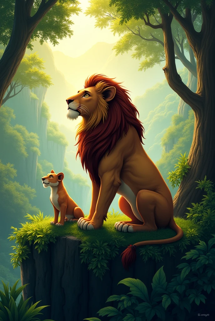 King male lion with son, top of the jungle, seating , seeing jungle