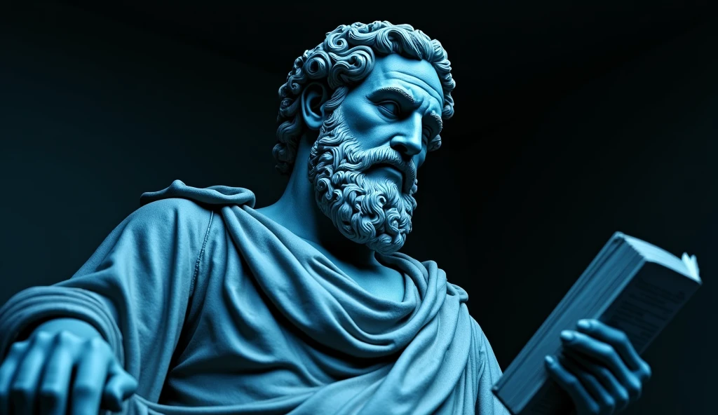 close up of a Statue of a Greek philosopher. with book in hand. Maximum quality, 8k, realistic. Dark neutral background, neon blue and black.