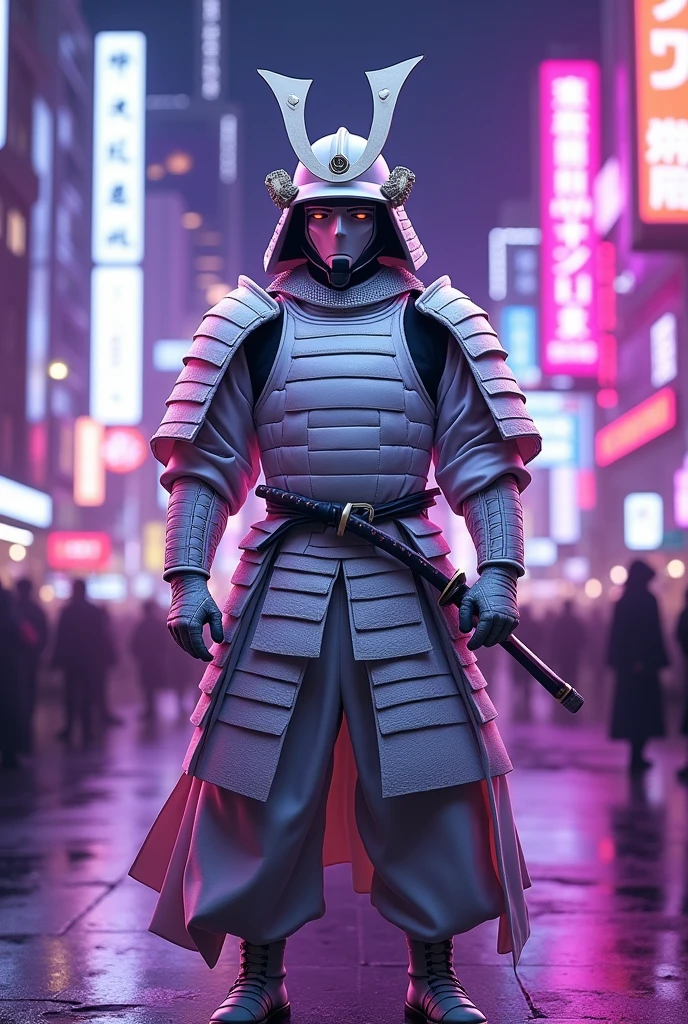 A samurai in white armor in Tokyo with purple cartoon-style lights