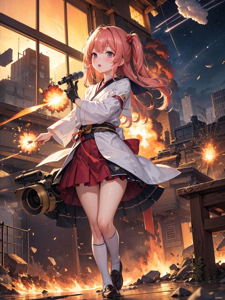 (16K,Ultra-high resolution,Highest quality,masterpiece,Super detailed,Very vivid CG),A Japanese high school girl is hit by a rocket launcher and explodes into pieces,Human body explodes,Collapsing Surroundings