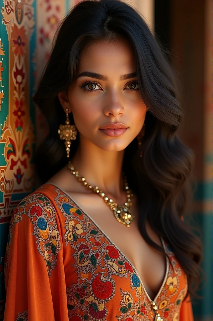 A beautiful Moroccan girl, dark brown eyes, 2, almond eyes, oval face shape, wavy fur, 170 cm, 65kg, Very detailed face, detailed skin texture, elegant poses, colorful moroccan dress, gold jewelry, natural lighting, dramatic shadows, warm color palette, portrait, realist, photorealist, 8k, masterpiece