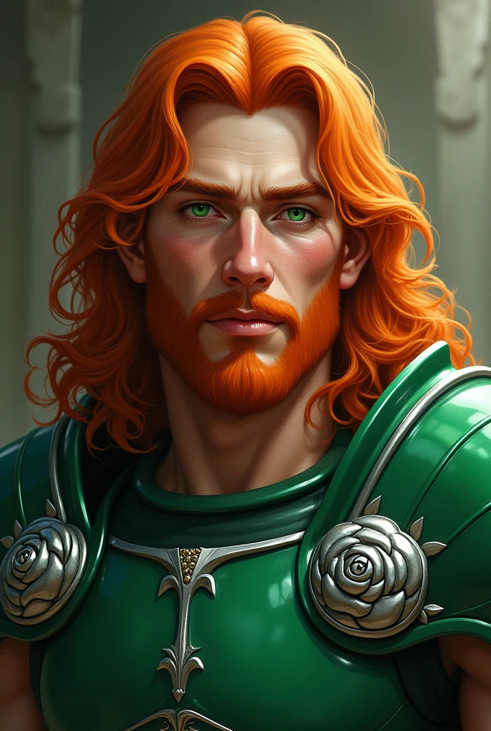 he is a robust and imposing man. Her hair is medium length and orange and wavy., has contrasting with her bright green eyes, that resemble the lush vegetation of Campina. Her fair skin is often marked by a slight blush on her cheeks., similar to the tone of ripe cherries. His presence is striking, with an upright posture and an appearance that exudes strength and dignity wearing green armor with silver rose designs (just one man)