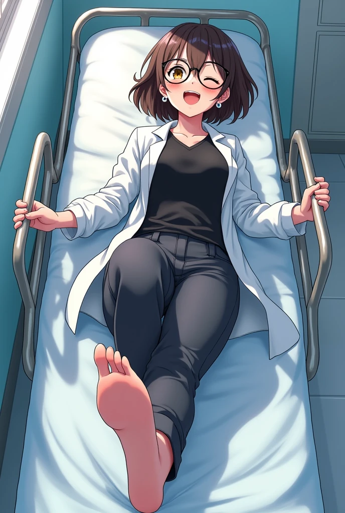 create the image of a 28 year old anime style character with short dark brown hair to the shoulder, round prescription glasses, skin fair, yellow seductive eyes, black jersey, lab coat and tailored pants, earrings and the body reasonably "big fit ass", she is lying on a stretcher without shoes with her beautiful feet tied with the soles facing forward and with her legs stretched out in front and her hands tied to the sides of the stretcher, and she is laughing a lot while 2 brushes scrub the soles of her feet that have 5 toes