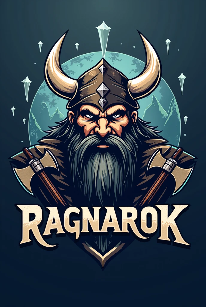 I want a logo in size 3:4 for my e-sport team, I want the background to have a Nordic theme and a centered image of a Viking&#39;s head and in the lower centered part have the name Ragnarok with a font that refers to antiquity and leaves the colors in a Nordic theme., To decorate the image, place 2 weapons used by Vikings behind it. 