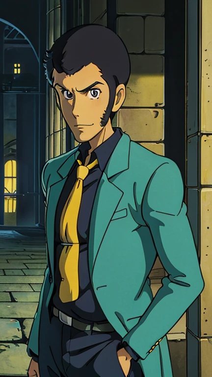 (1man, Lupin), (extremely detailed CG unit 8k wallpaper),(master part), (best quality), (ultra detail), (best illustration),(ghibli style), cowboy shot, (Sharp eyeliner, ombre, detail eyes:1), Paris in the 50, outdoors , break , (GHIBLI_Background), upper body, green jacket, yellow tie, black shirt,