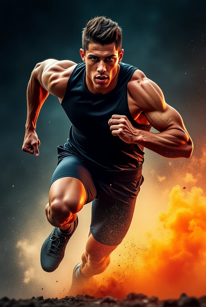 Imagine a vibrant advertising poster for an isotonic drink called "Energize Plus". En el centro de la imagen, there is an athlete in full action, like a runner in the home stretch of a marathon. The athlete, a young man in excellent physical shape, is sweating heavily, with an expression of determination and focus, Correndo em alta velocidade. He wears modern, tight-fitting sportswear., black in color, that contrast with the dark background of the image.