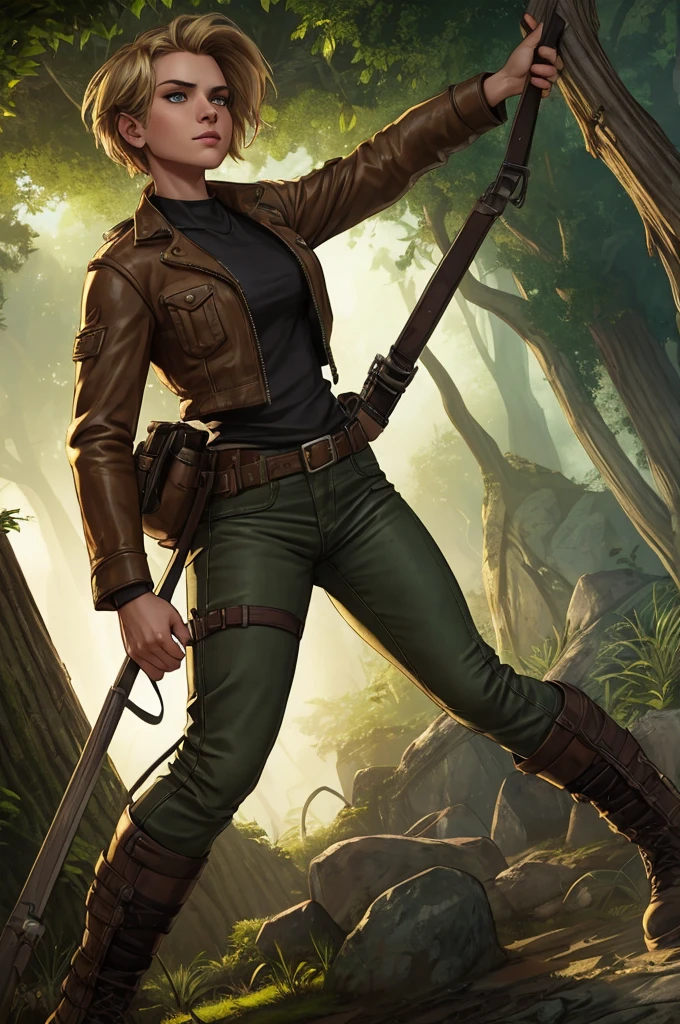 1920s tomboy adventurer, wearing rugged, practical clothing with a utility belt and a leather jacket, short blonde hair styled in a tousled bob, confident determined expression, standing in a dynamic pose, ancient overgrown temple in the jungle, action and adventure, cinematic composition, warm earthy tones, dramatic lighting, high detail, textured clothing, soft shadows, cinematic lighting, low-angle shot