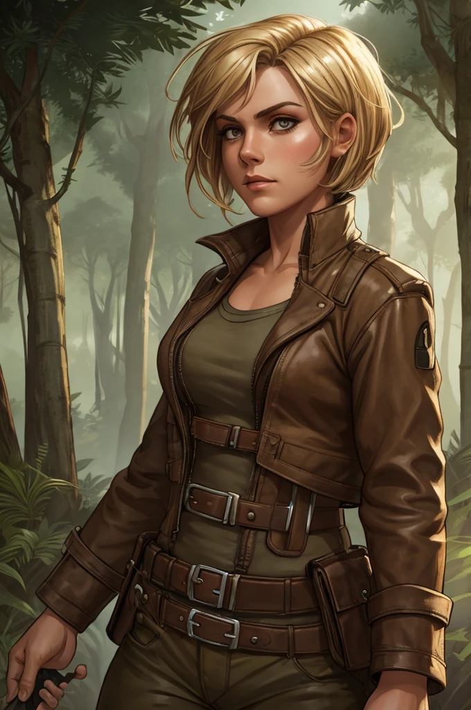 1920s tomboy adventurer, wearing rugged, practical clothing with a utility belt and a leather jacket, short blonde hair styled in a tousled bob, confident determined expression, standing in a dynamic pose, ancient overgrown temple in the jungle, action and adventure, cinematic composition, warm earthy tones, dramatic lighting, high detail, textured clothing, soft shadows, cinematic lighting, low-angle shot
