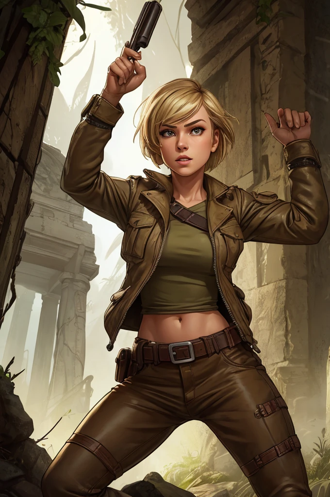 1920s tomboy adventurer, wearing rugged, practical clothing with a utility belt and a leather jacket, short blonde hair styled in a tousled bob, confident determined expression, standing in a dynamic pose, ancient overgrown temple in the jungle, action and adventure, cinematic composition, warm earthy tones, dramatic lighting, high detail, textured clothing, soft shadows, cinematic lighting, low-angle shot