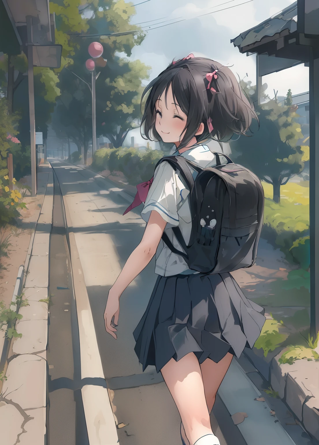 (masterpiece、Highest quality、Highest quality、Official Art、Beautiful and beautiful:1.2)、(One person:1.3)Hatsune Miku、Twin tails,Beautiful breasts, Katsushika Hokusai,masterpiece, Highest quality, plural, Backpack, bag, Three people, skirt, close your eyes, Black Hair, school bag, Open your mouth, short hair, Brown Hair, Outdoor, smile, sneakers, Twin tails, shoes下, shoes, child, road, walk, wood, Day, ^_^, short Twin tails, running