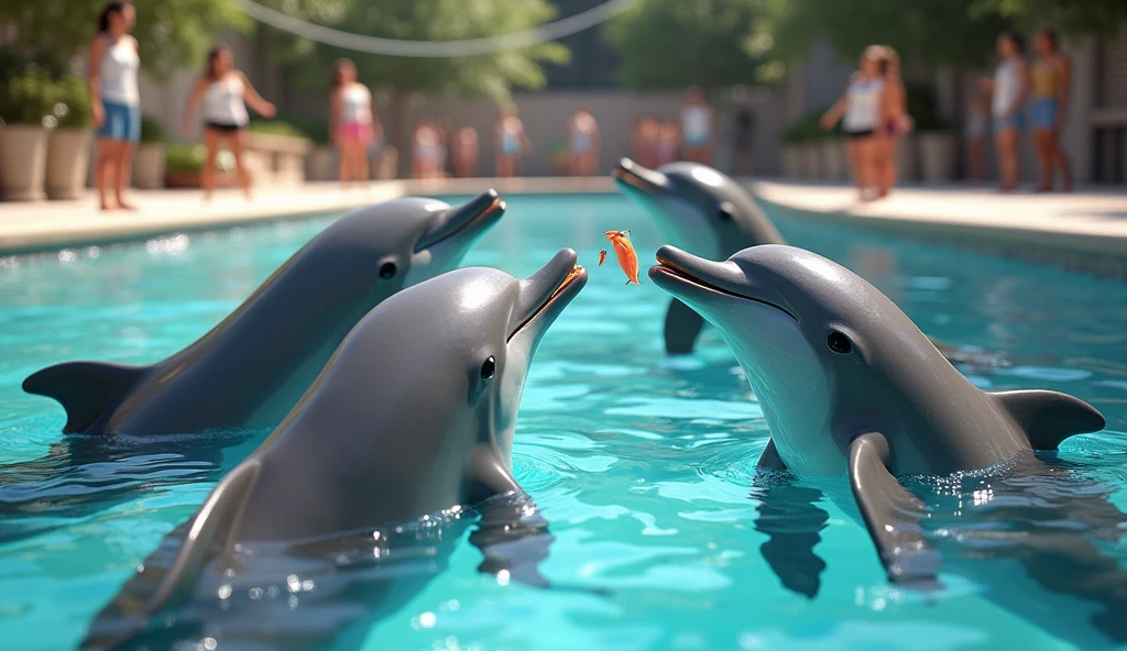 Dolphins get fish from humans、Location: Pool、Photorealistic、high resolution、