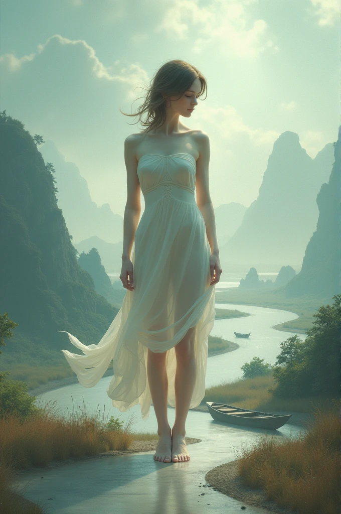 Nude girl with boats on a road