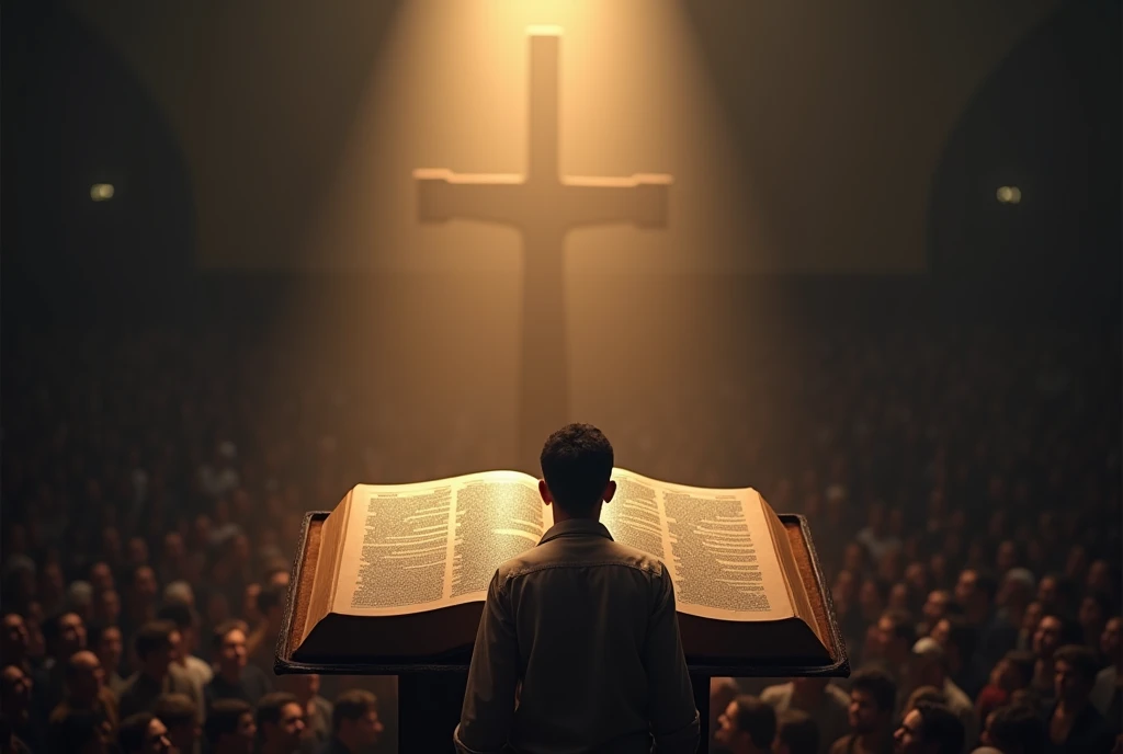 Create an image of an open Bible preaching to many people, symbolizing the search for truth. A Man is Reflecting on the Side of the Bible, Demonstrating Introspection about the Faith. best quality, master part, High, 1 dragon,blush, Tyndall effect,Photorealistic, dark studio, rim lighting, two-tone lighting,(highly detailed skin:1.2), 8k hd, DSLR, soft lighting, high quality, volumetric lighting, candid, photography, High resolution, 4K, Bokeh
