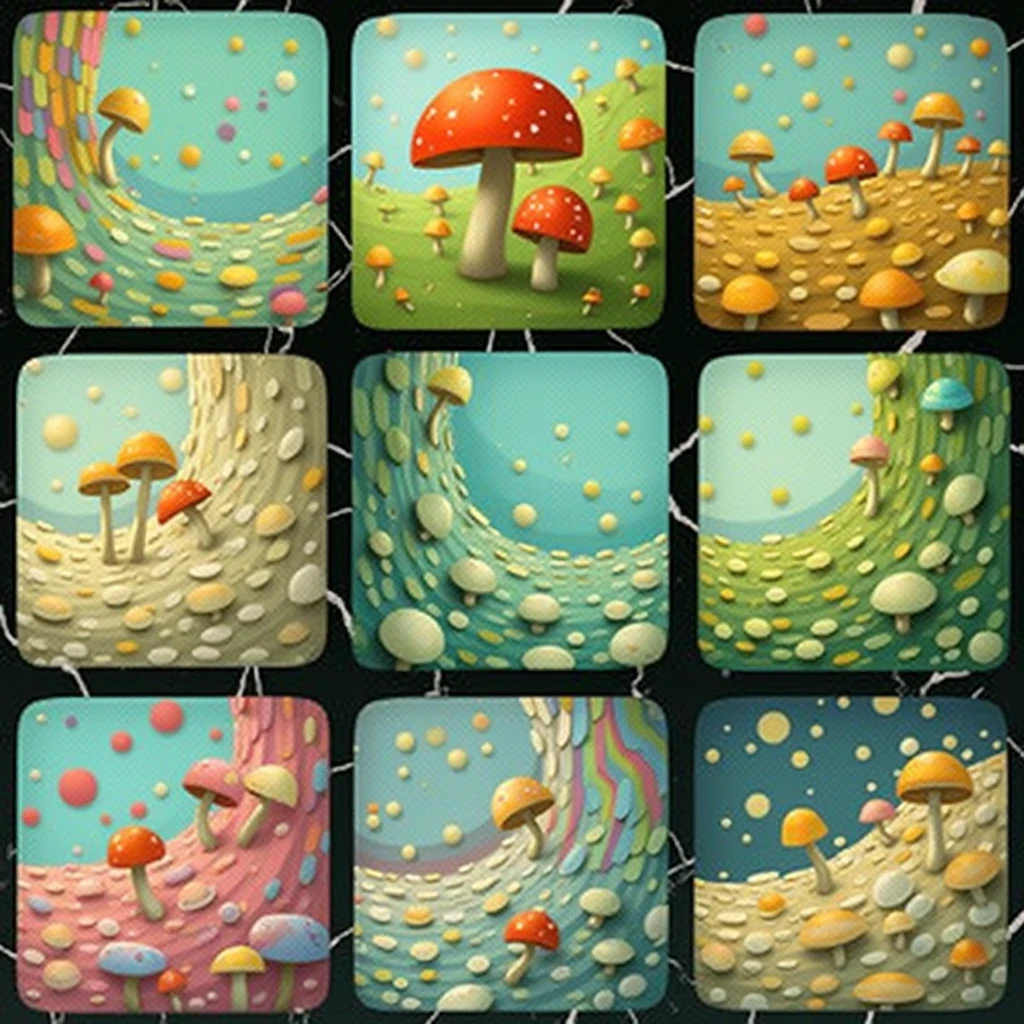 Each broken square has different rainbow retro colors and different shapes of small mushrooms.