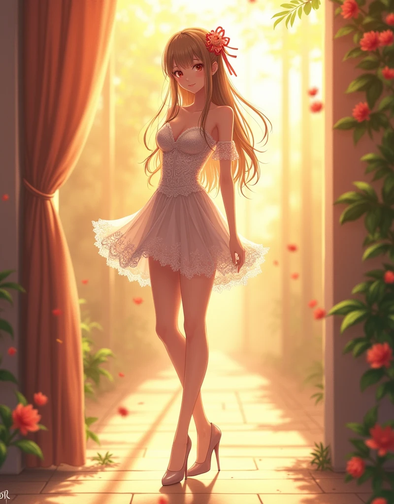 Lace,Ultra high quality,High heel,Long legs,Smile,Sunlight,Off-shoulder,Short skirt,Wear flowers on your head,student,charming,Ribbon,School Belle