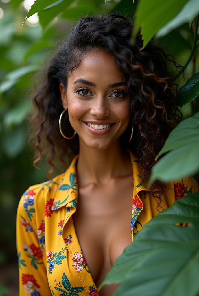 A Brazilian woman in a lush tropical garden, wearing an open shirt with a floral print, with a close-up capturing the harmonious beauty between her breasts and the natural flowers, showing off your natural charm and outgoing personality.