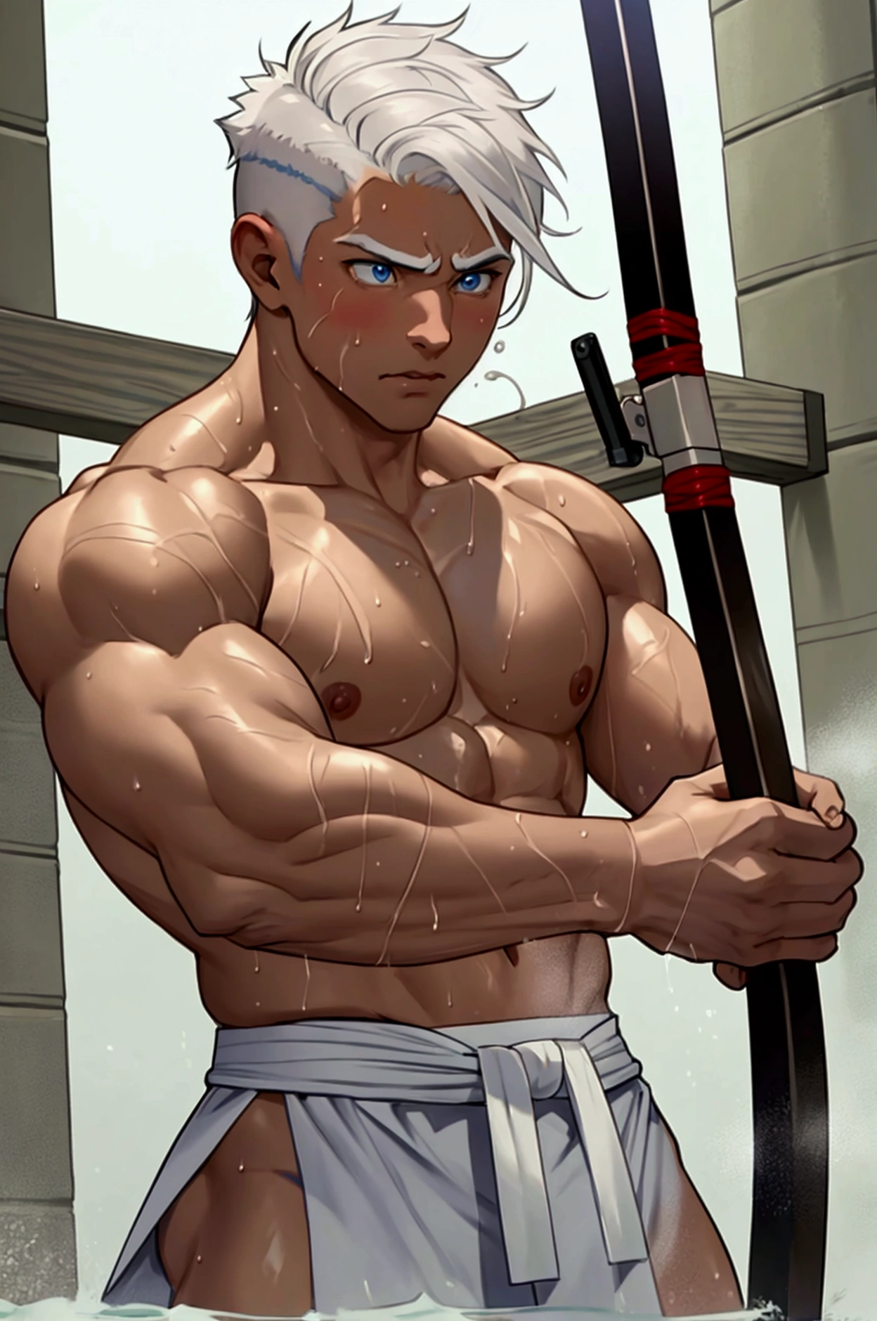 A young, muscular man in his 20s、Blue Eyes、White Hair、Short Hair、Sports haircut、Brown skin、Perfect body、Serious face、Kyudo athlete、Archery dojo、Dripping Sweat、Your body is wet、Half naked