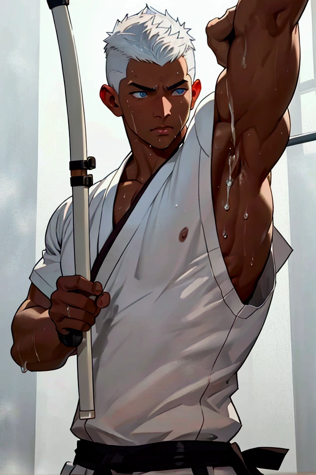 A young, muscular man in his 20s、Blue Eyes、White Hair、Short Hair、Sports haircut、Brown skin、Perfect body、Serious face、Kyudo athlete、Archery dojo、Dripping Sweat、Your body is wet、Half naked