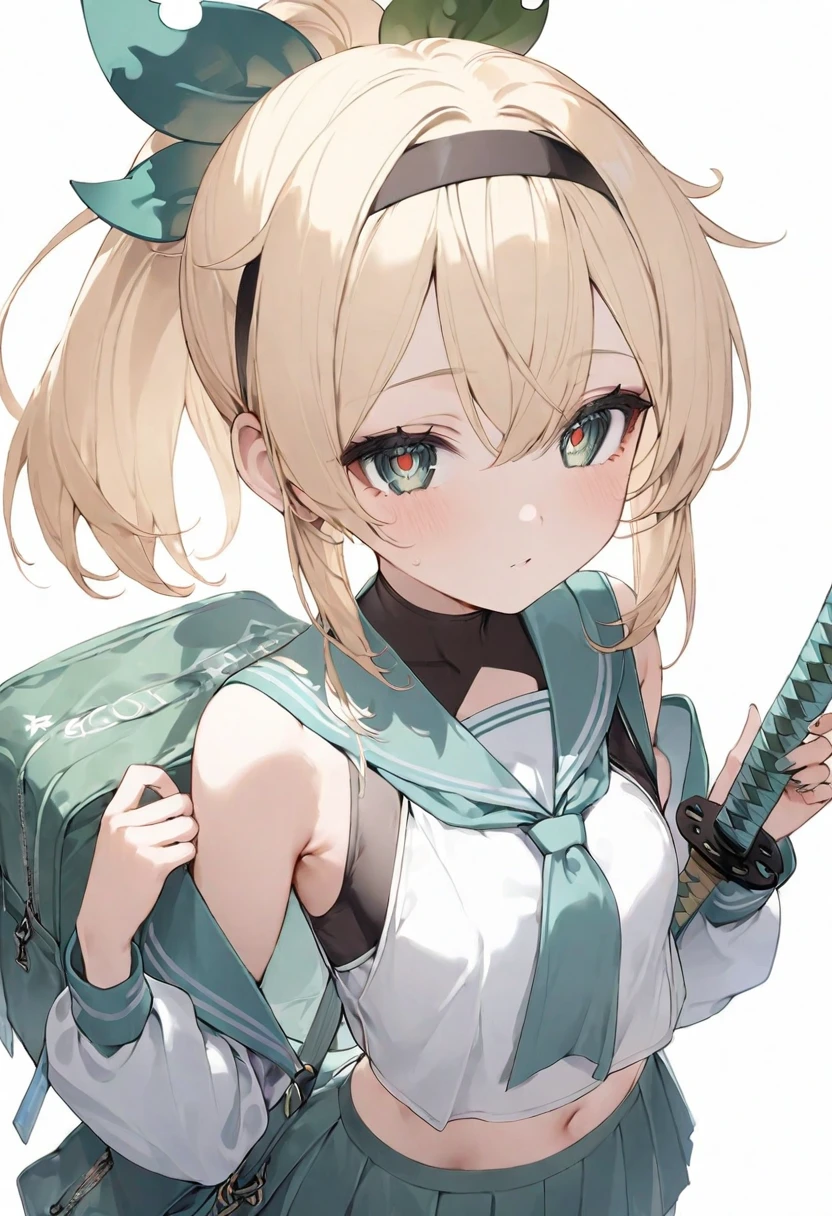 (musterpiece), (best quality), (score_9, score_8_up, score_7_up), very detailed eyes, expressive eyes, perfect face, very detailed face, highly detailed face, beautiful girl, 8K, beautiful girl, (white background:1.3), delicate and beautiful face and eyes, dark intense shadow, 1 girl, vtuber style, cool girl, hololive, Kazama Iroha, blonde hair, short ponytail, hair ornament, hairband, serafuku, pleated skirt, green skirt, white thighhighs, small chest, soft chest, green eyes, holding green katana bag, ass visible through thighs, white socks, uwabaki, (full body), standing,