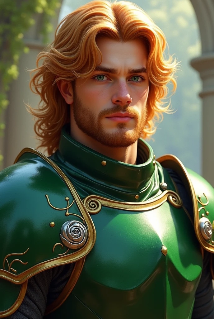 he is a robust and imposing man. Her hair is medium length and orange and wavy., sem beard, is a ager contrasting with his bright green eyes, that resemble the lush vegetation of Campina. Her fair skin is often marked by a slight blush on her cheeks., similar to the tone of ripe cherries. His presence is striking, with an upright posture and an appearance that exudes strength and dignity wearing green armor with silver rose designs (just one man)