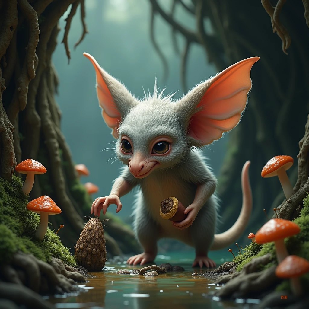 Gremlins, Looks like an anteater, Light silver and brown, Extending tongue in front of anthill、Long Tail, Big Ears, Covered in silvery fur, Holding an acorn in its paw, water, hole, 木の根がholeの壁から突き出ている,  mushrooms sticking out of the ground, Highest quality, masterpiece, Dark fantasy art style,