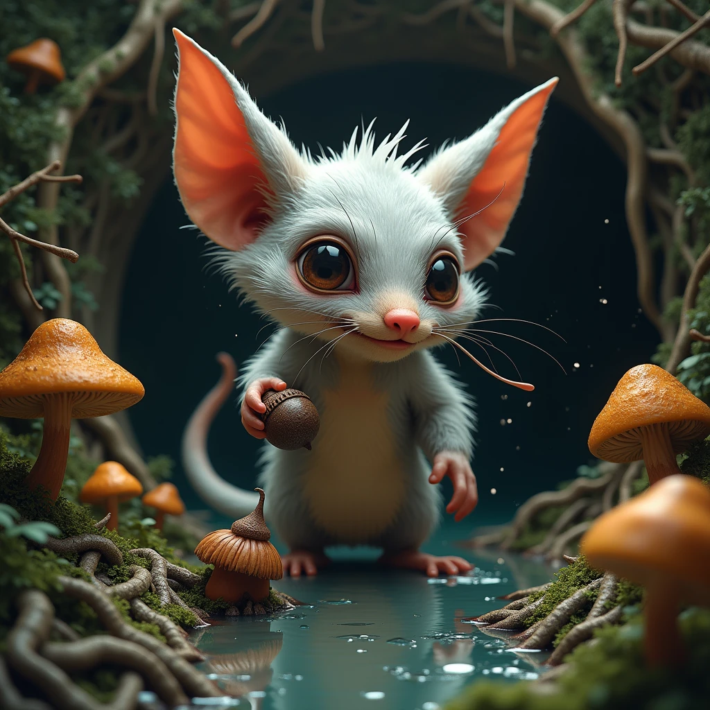 Gremlins, Looks like an anteater, Light silver and brown, Extending tongue in front of anthill、Long Tail, Big Ears, Covered in silvery fur, Holding an acorn in its paw, water, hole, 木の根がholeの壁から突き出ている,  mushrooms sticking out of the ground, Highest quality, masterpiece, Dark fantasy art style,
