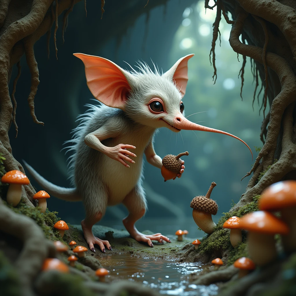 Gremlins, Looks like an anteater, Light silver and brown, Extending tongue in front of anthill、Long Tail, Big Ears, Covered in silvery fur, Holding an acorn in its paw, water, hole, 木の根がholeの壁から突き出ている, mushrooms sticking out of the ground, Highest quality, masterpiece, Dark fantasy art style,