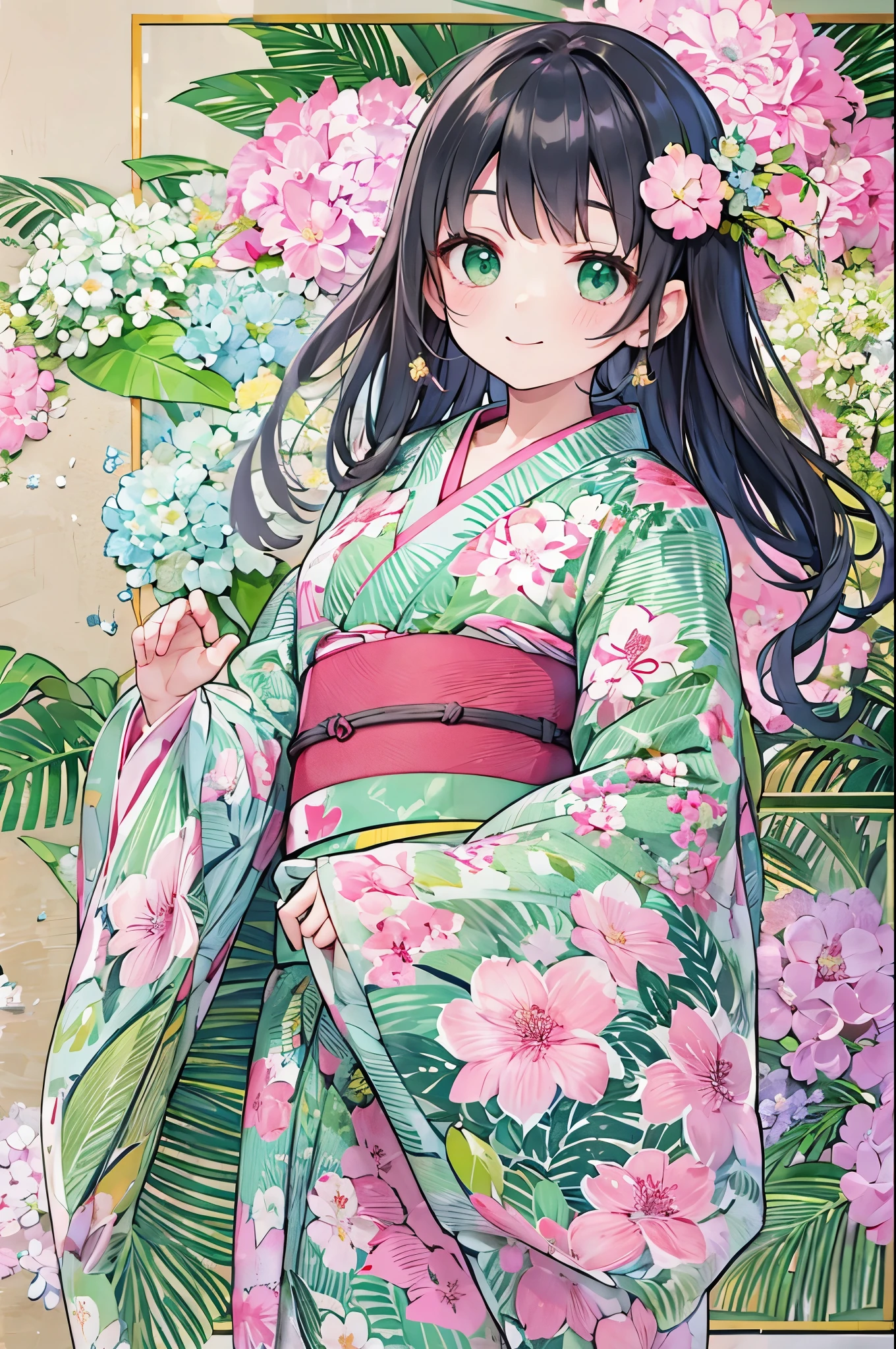 ((Highest quality, 8k, masterpiece: 1.3)), whole body,1 personの,1 person,,Glamorous Body,cute,smile,Black Hair,Beautiful emerald green eyes,long hair,((A pink yukata with a hydrangea pattern,Change of clothes,No band)),stand up,evening,Inside the room,